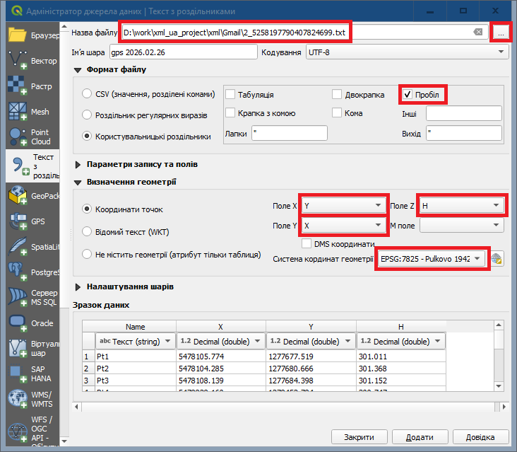 Відкриття файлу даних GPS